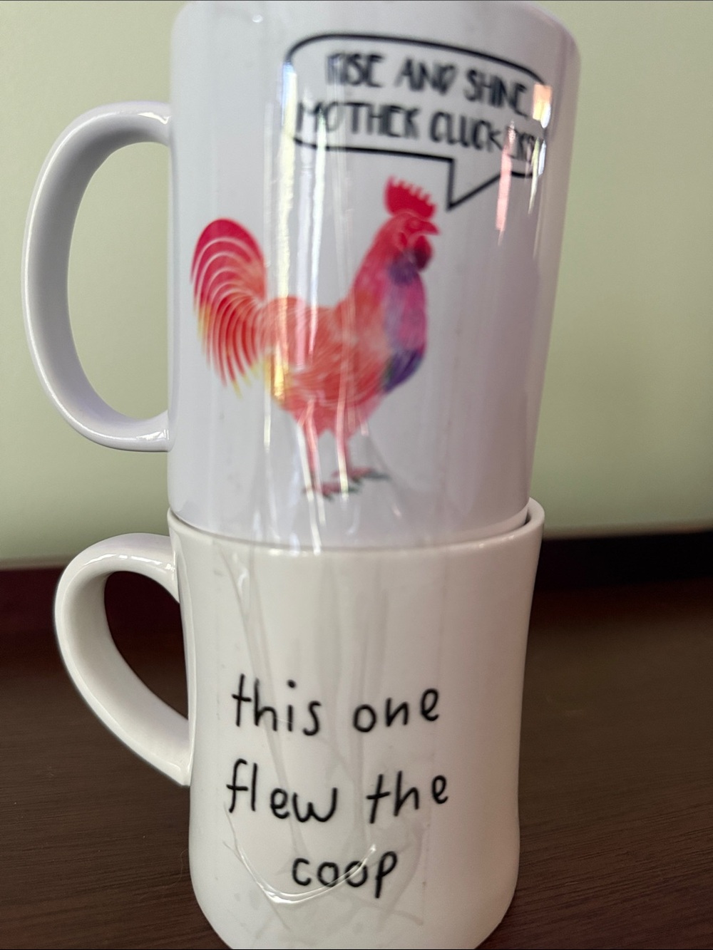 Two White Ceramic Rooster Mugs, Two Sided Print, Rise and Shine Mother Cluckers - Picture 2 of 3